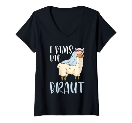 Damen I bims die die Braut Hochzeit Motiv Lama Alpaka JGA Party T-Shirt mit V-Ausschnitt Damen I bims die die Braut Hochzeit Motiv Lama Alpaka JGA Party T-Shirt mit V-Ausschnitt von Polterabend Braut JGA Junggesellinnen Frauen Shirt