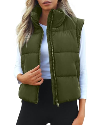 Polu Damen Cropped Puffer Weste Winter Ärmellos Daunenjacke Kurz Gepolsterte Weste Weste Weste mit Taschen, Grün (Army Green), S von Polu