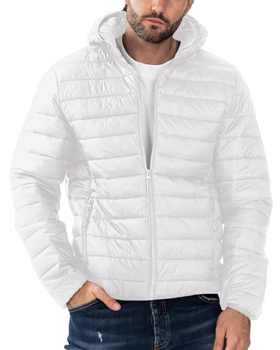 Polu Herren Puffer Jacke mit Kapuze Leichte Daunenjacke Winddichter Wintermantel für Männer, Weiss/opulenter Garten, Medium von Polu