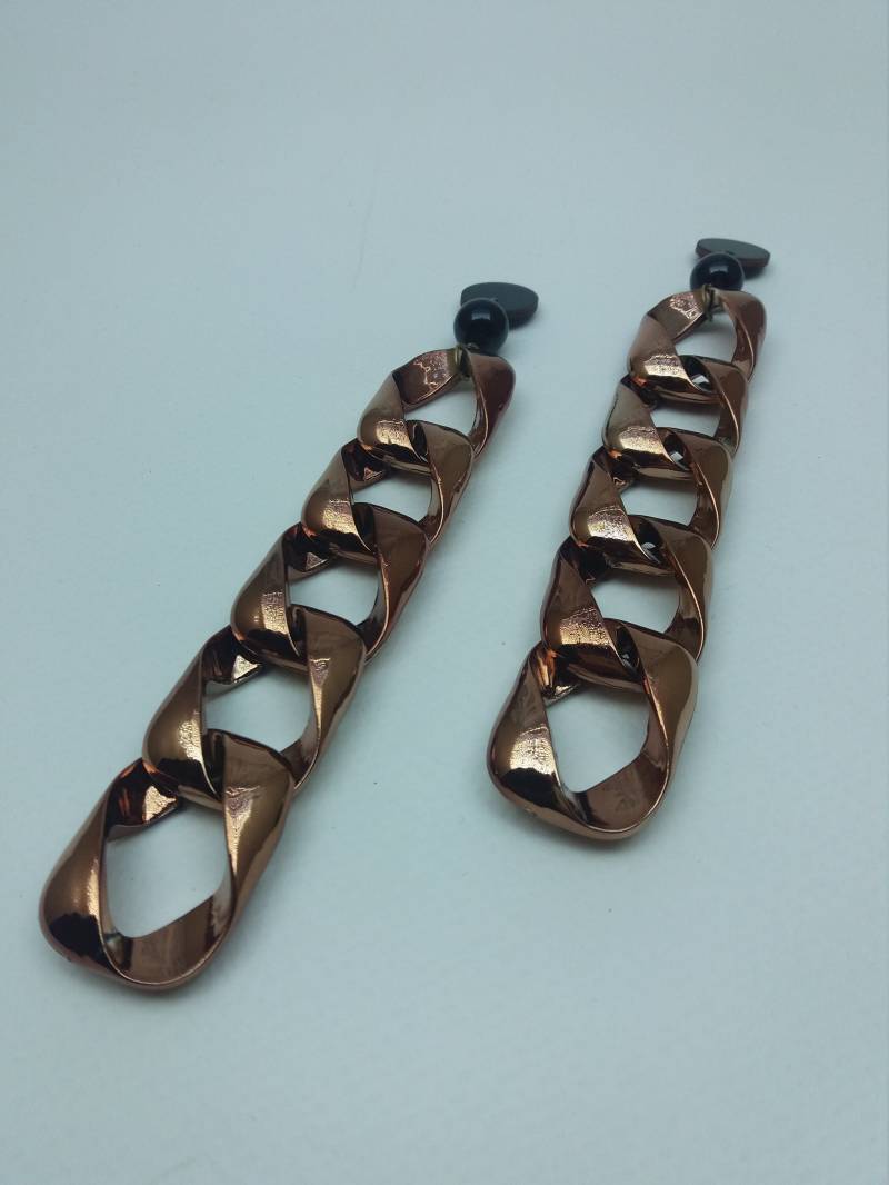 Anhänger Statement Ohrringe, Schwarz Und Bronze Farbe, Extra Lange Leichte Kettenohrringe, Kettenschmuck, Modekette von Polumia