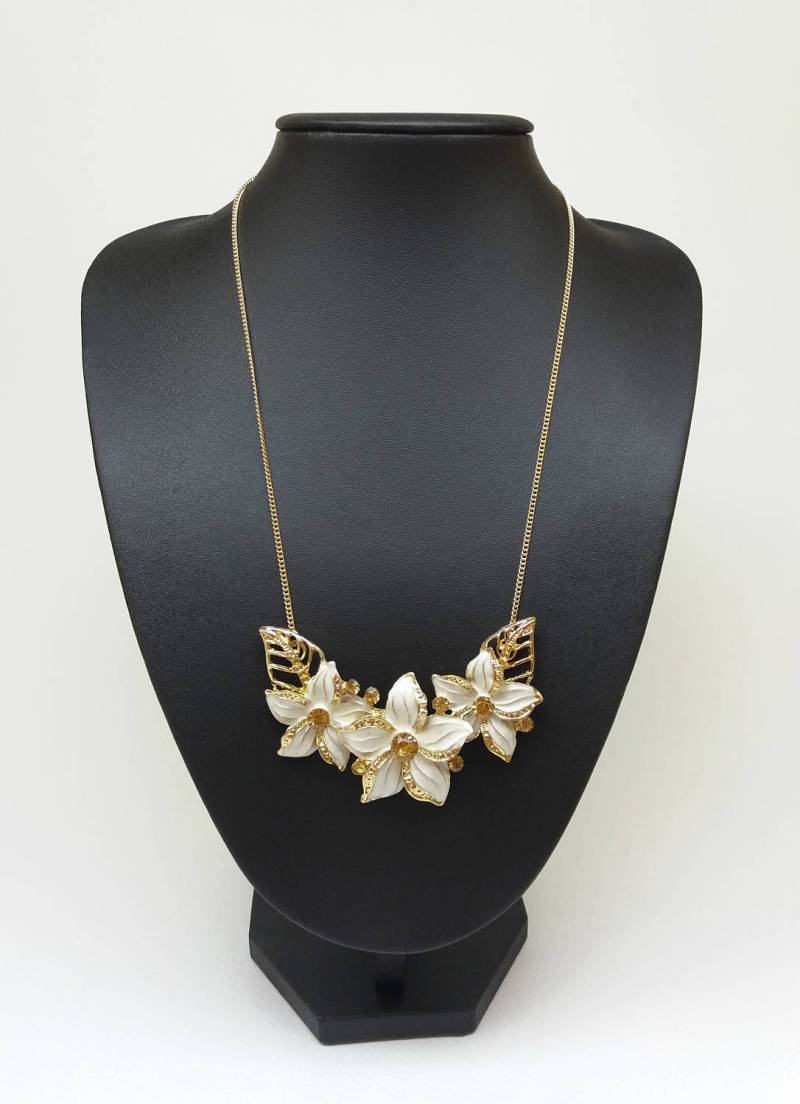 Gold Und Weiße Blume Blätter Lätzchen Statement Chunky Kristall Lange Anhänger Halskette Kragen Neckpiece, Frühling Sommer Halskette, Geschenk von Polumia