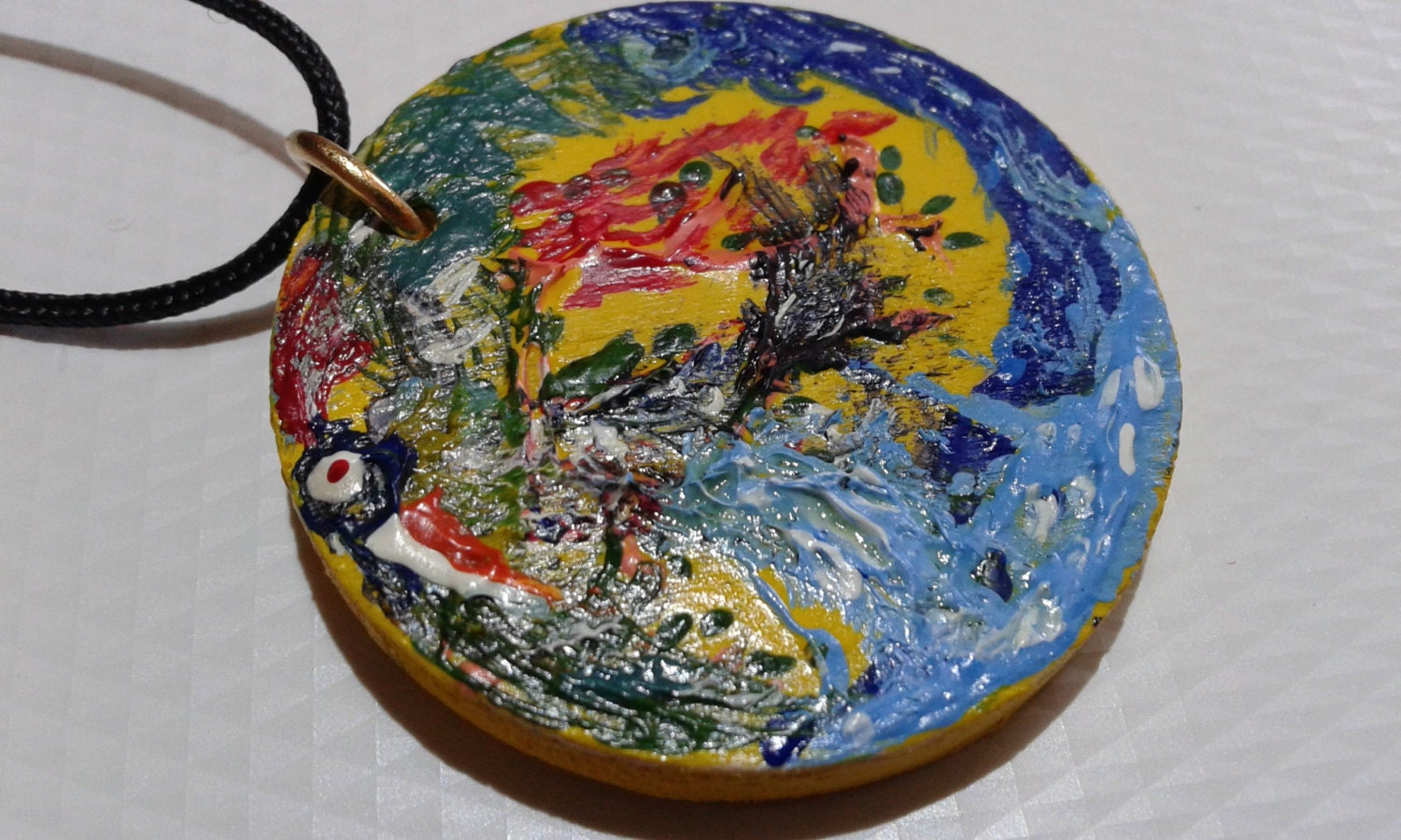 Paradies Vogel, Original Gemälde Auf Holz, Acrylfarbe, Äußerst Speziellen Schmuck, Halskette, Malerei Einzigartige Paradies Vogel, Original Gemälde Auf Holz, Acrylfarbe, Äußerst Speziellen Schmuck, Halskette, Malerei Einzigartige von Polumia