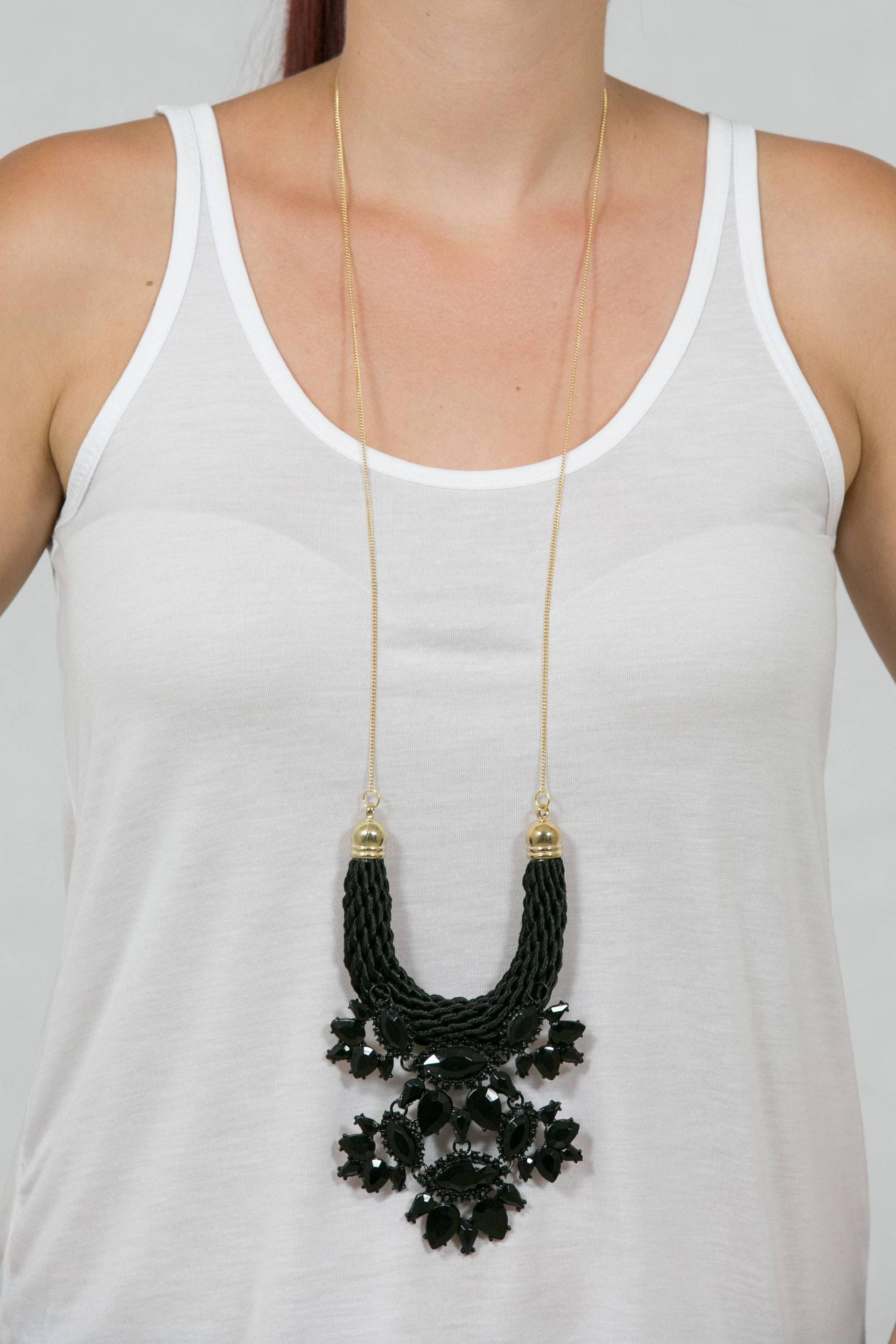 Schwarzes Halsband Boho Lange Halskette, Schwarze Seil Gold Ton Kette, Extra Lange Neuer Modeschmuck von Polumia