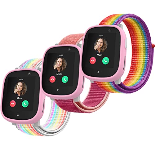 Polyjoy 3 Stück Kinder Nylon Armbänder kompatibel mit Xplora X6 Armband, Kids Smartwatch Mädchen Jungen Weich Verstellbare Ersatzbänder für Xplora X6 Play/Xplora X6 Pro-Regenbogen+Rose+Neon von Polyjoy