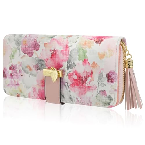 Damen Geldbörse Portmonee aus Kunstleder, RFID Groß Portemonnaie geblümte Brieftasche mit 12 Kartenfächer und Münzfach von Pomelo Best