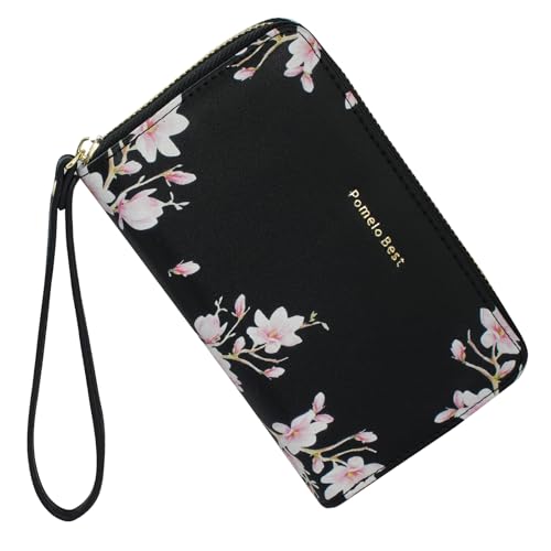 Pomelo Best Damen Geldbörse mit Blüten Muster – Stilvolles Portemonnaie mit Handschlaufe Reißverschluss RFID-Schutz Geldbeutel Geschenk für Frauen (Schwarz) von Pomelo Best