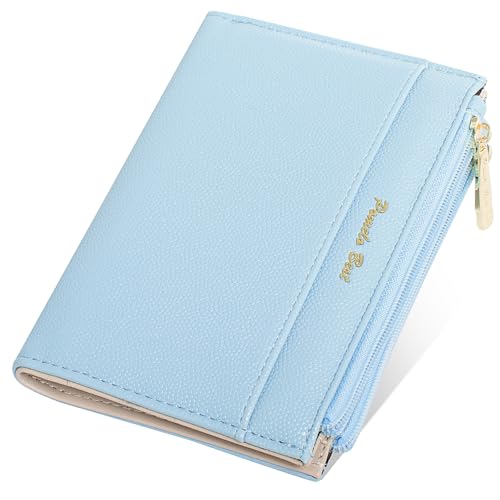 Pomelo Best Geldbörse Kleine PU Leder Geldbörse für Frauen, Zweifach gefaltetes Portemonnaie mit RFID Schutz - 6 Kartenfächer, 2 Reißverschlusstaschen (Blau) von Pomelo Best