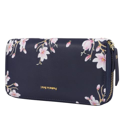 Pomelo Best Geldbörse Damen groß im Langformat Blumen Prägung Reißverschluss Portemonnaie mit RFID-Blockierung und vielen Fächern (Marineblau) von Pomelo Best