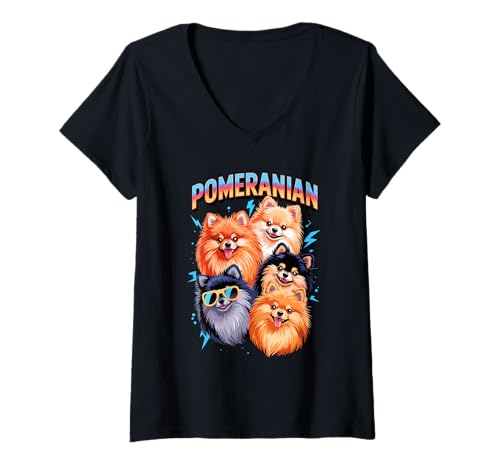 Damen 90s Vintage Pomeranian Pomeranians T-Shirt mit V-Ausschnitt von Pomeranian Dog Lover Gifts