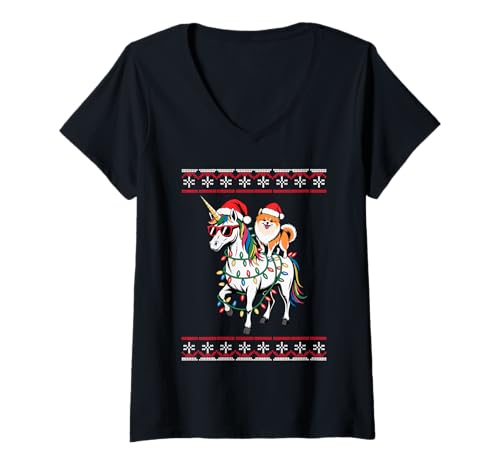 Damen Christmas Pomeranian Unicorn Sunglasses Pomeranians T-Shirt mit V-Ausschnitt von Pomeranian Dog Lover Gifts