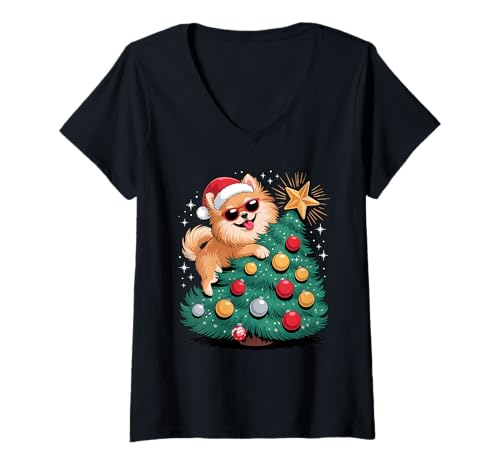 Damen Christmas Tree Pomeranian Sunglasses Pomeranians T-Shirt mit V-Ausschnitt von Pomeranian Dog Lover Gifts
