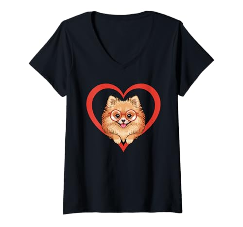 Damen Heart Pomeranian Glasses Pomeranians T-Shirt mit V-Ausschnitt von Pomeranian Dog Lover Gifts