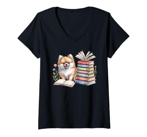Damen Pomeranian Bookworm Flowers Book Reading Books Pomeranians T-Shirt mit V-Ausschnitt von Pomeranian Dog Lover Gifts