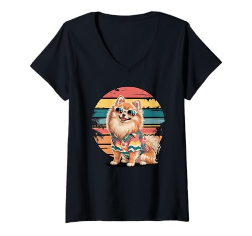 Damen Pomeranian Sonnenbrille Hawaii Strand Sommer T-Shirt mit V-Ausschnitt von Pomeranian Dog Lover Gifts