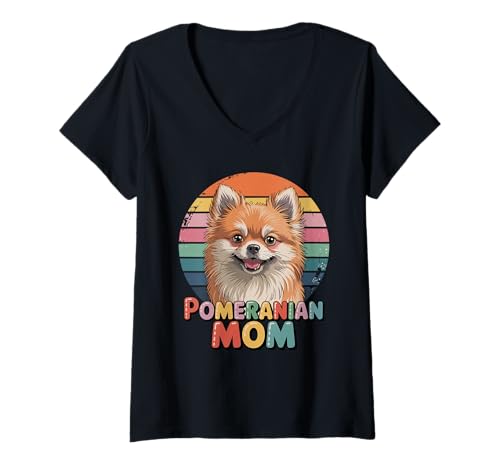 Damen Retro Pomeranian Mom Pomeranians T-Shirt mit V-Ausschnitt von Pomeranian Dog Lover Gifts