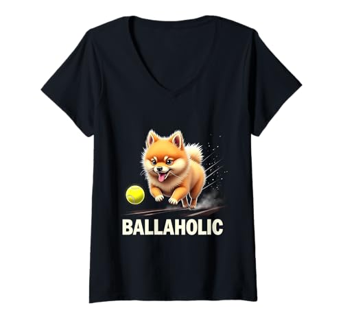 Damen Lustiger Ballaholic Pomeranian Dog Chasing Pom Ball T-Shirt mit V-Ausschnitt Damen Lustiger Ballaholic Pomeranian Dog Chasing Pom Ball T-Shirt mit V-Ausschnitt von Pomeranian Fun Designs