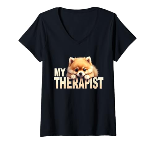 Damen Lustiger Pommer-Welpe Mein therapeutischer Pommerscher Hund T-Shirt mit V-Ausschnitt Damen Lustiger Pommer-Welpe Mein therapeutischer Pommerscher Hund T-Shirt mit V-Ausschnitt von Pomeranian Fun Designs