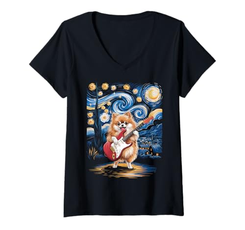 Damen Sternennacht Zwergspitz T-Shirt mit V-Ausschnitt Damen Sternennacht Zwergspitz T-Shirt mit V-Ausschnitt von Pomeranian Guitar