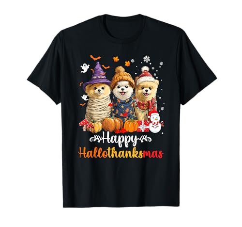 Herren Damen Zwergspitz, Weihnachten, Halloween, Erntedankfest T-Shirt von Pomeranian Happy Hallothankmas Holiday Dog
