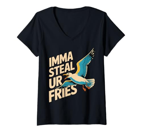 Damen Imma Steal Ur Fries T-Shirt mit V-Ausschnitt Damen Imma Steal Ur Fries T-Shirt mit V-Ausschnitt von Pommes Frites Fast Food Snack Feinschmecker Möwe
