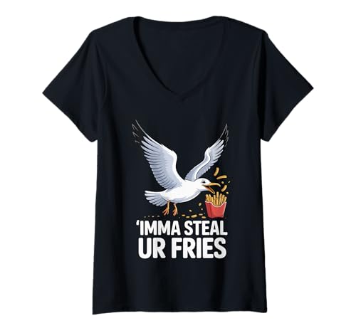 Damen Imma Steal Ur Fries T-Shirt mit V-Ausschnitt von Pommes Frites Fast Food Snack Feinschmecker Möwe