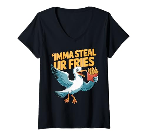 Damen Imma Steal Ur Fries T-Shirt mit V-Ausschnitt Damen Imma Steal Ur Fries T-Shirt mit V-Ausschnitt von Pommes Frites Fast Food Snack Feinschmecker Möwe