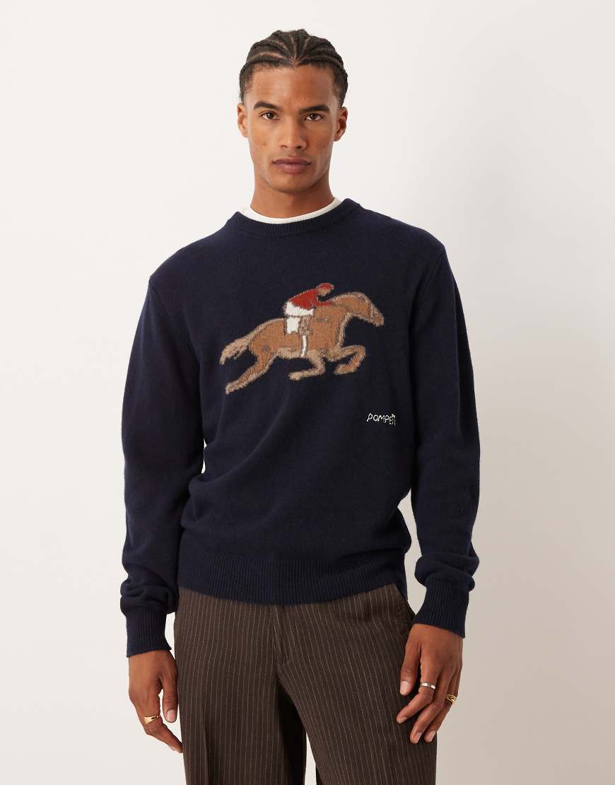 Pompeji - Strickpullover in Marineblau mit Reitsport-Grafik und Logo von Pompeii UK