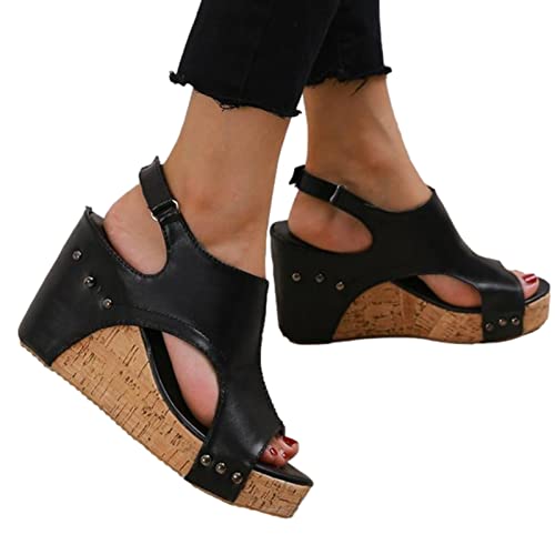 Pomrone Sandalen mit Plateau und Knöchelriemchen | Boho Stilvolle Plateau Rivet Wedge Sandalen aus PU-Leder | Damen Sandalen mit High Heel Party Elegante Sandalen von Pomrone