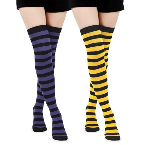 Ponceau 2 Paar Damen Kniestrümpfe Overknee Warme Gestreifte Strümpfe Damen Gestreifte Strumpfhose Thigh Highs Femboy Extra lange Damen-Socken Baumwolle von PONCEAU