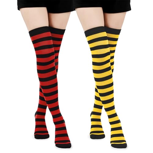 Ponceau 2 Paar Damen Kniestrümpfe Overknee Warme Gestreifte Strümpfe Damen Gestreifte Strumpfhose Thigh Highs Femboy Extra lange Damen-Socken Baumwolle von PONCEAU