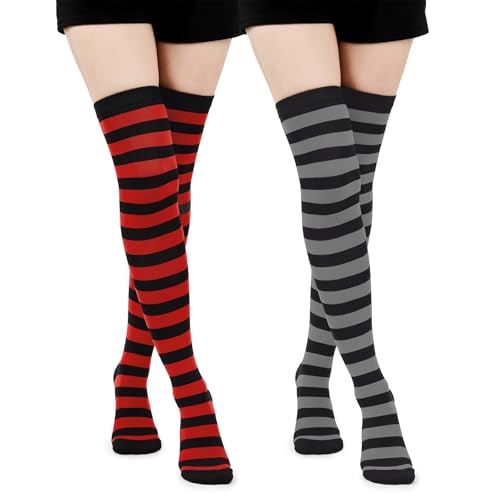 Ponceau 2 Paar Damen Kniestrümpfe Overknee Warme Gestreifte Strümpfe Damen Gestreifte Strumpfhose Thigh Highs Femboy Extra lange Damen-Socken Baumwolle von PONCEAU