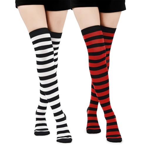 Ponceau 2 Paar Damen Kniestrümpfe Overknee Warme Gestreifte Strümpfe Damen Gestreifte Strumpfhose Thigh Highs Femboy Extra lange Damen-Socken Baumwolle von PONCEAU