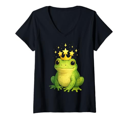 Damen Süße Froschkönigin Krone mit Sternen Kawaii Amphibien Kunstwerk T-Shirt mit V-Ausschnitt von Pond Royal