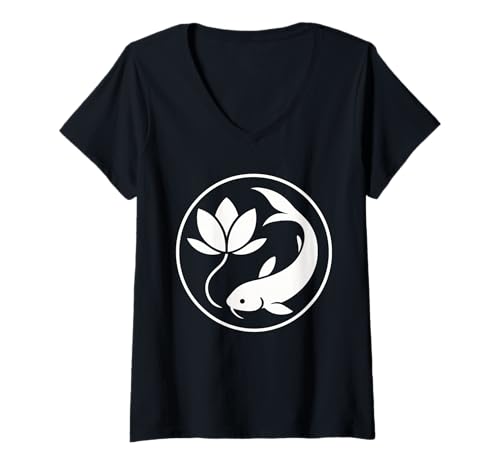 Damen Koi und Lotus Kreis Emblem Minimal Zen Symbol Grafik Kunst T-Shirt mit V-Ausschnitt Damen Koi und Lotus Kreis Emblem Minimal Zen Symbol Grafik Kunst T-Shirt mit V-Ausschnitt von Pond Sigil