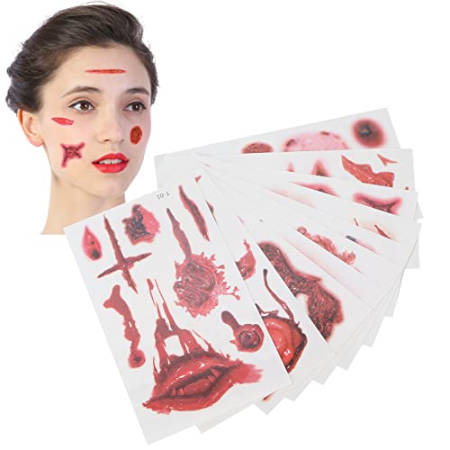10 Stück Halloween Narbentattoos, Gefälschte Wundaufkleber, Wasserdichte Horror Fälschung Blutige Wundgesichtsaufkleber für Halloween Gefälschtes Make-up Cosplay – 3D simulierte Effekte(#1) von Pongnas