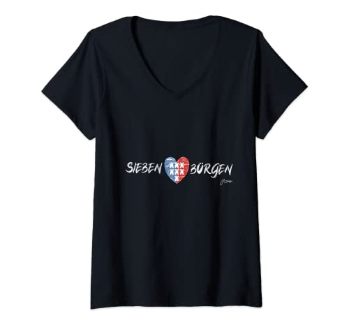 Damen Pongratz Design | Siebenbürgisches Used Style Herz Design T-Shirt mit V-Ausschnitt von Pongratz Design
