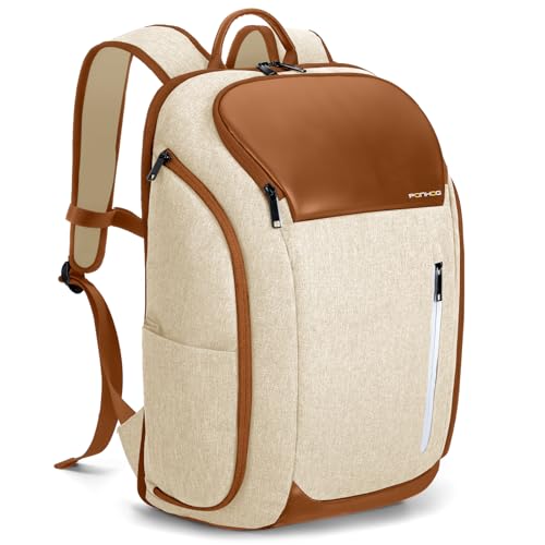 Ponhog Rucksack Damen, Groß Laptop Rucksack 17 Zoll, Reiserucksack mit Anti Diebstahl Computerfach, Laptoptasche für Reise Business Arbeit Weekender, Beige von Ponhog