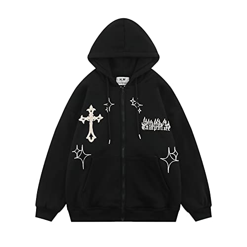 Ponitrack Ästhetischer Hoodie Y2K Hoodie Gothic Hoodie Flame Kreuz Print Streetwear Frauen Oversized Hoodie Zip Up, Schwarz, S von Ponitrack