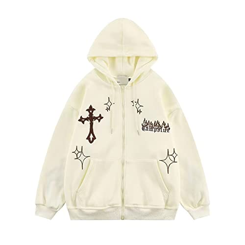 Ponitrack Ästhetischer Hoodie Y2K Hoodie Gothic Hoodie Flame Kreuz Print Streetwear Frauen Oversized Hoodie Zip Up, Weiss/opulenter Garten, M von Ponitrack