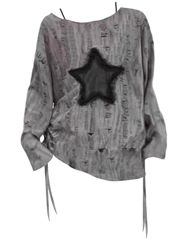 Ponitrack Y2K Top Star Print Loose T-Shirt Goth Kleidung Grunge Kleidung Langarm Tops Oversized Streetwear, GRAU, Klein von Ponitrack