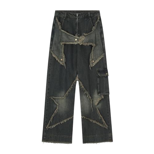 Ponitrack Y2k Star Jeans Gewaschene Cargohose Y2k Retro High Street Hohe Taille Jeans Lässige Weites Bein Fallschirmhose, Denim, Groß von Ponitrack