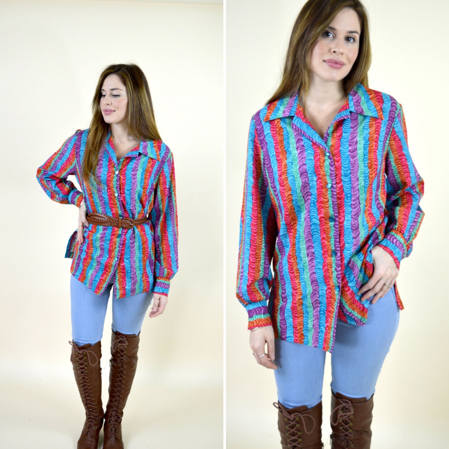 1970Er Jahre Helle Bunte Swirly Stripe Print Groovy Hippie Boho Bluse/Damen Größe L von PonsonbyVintage