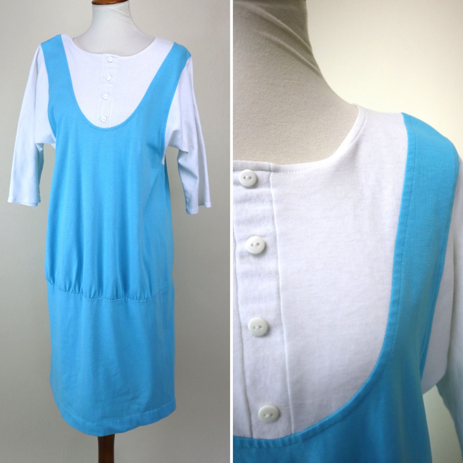 80Er Blau Weiß Strick Slouchy Kleid/Faux Schürze Jersey Stricken Lässig Etuikleid Damen Größe Mittel Bis Groß von PonsonbyVintage