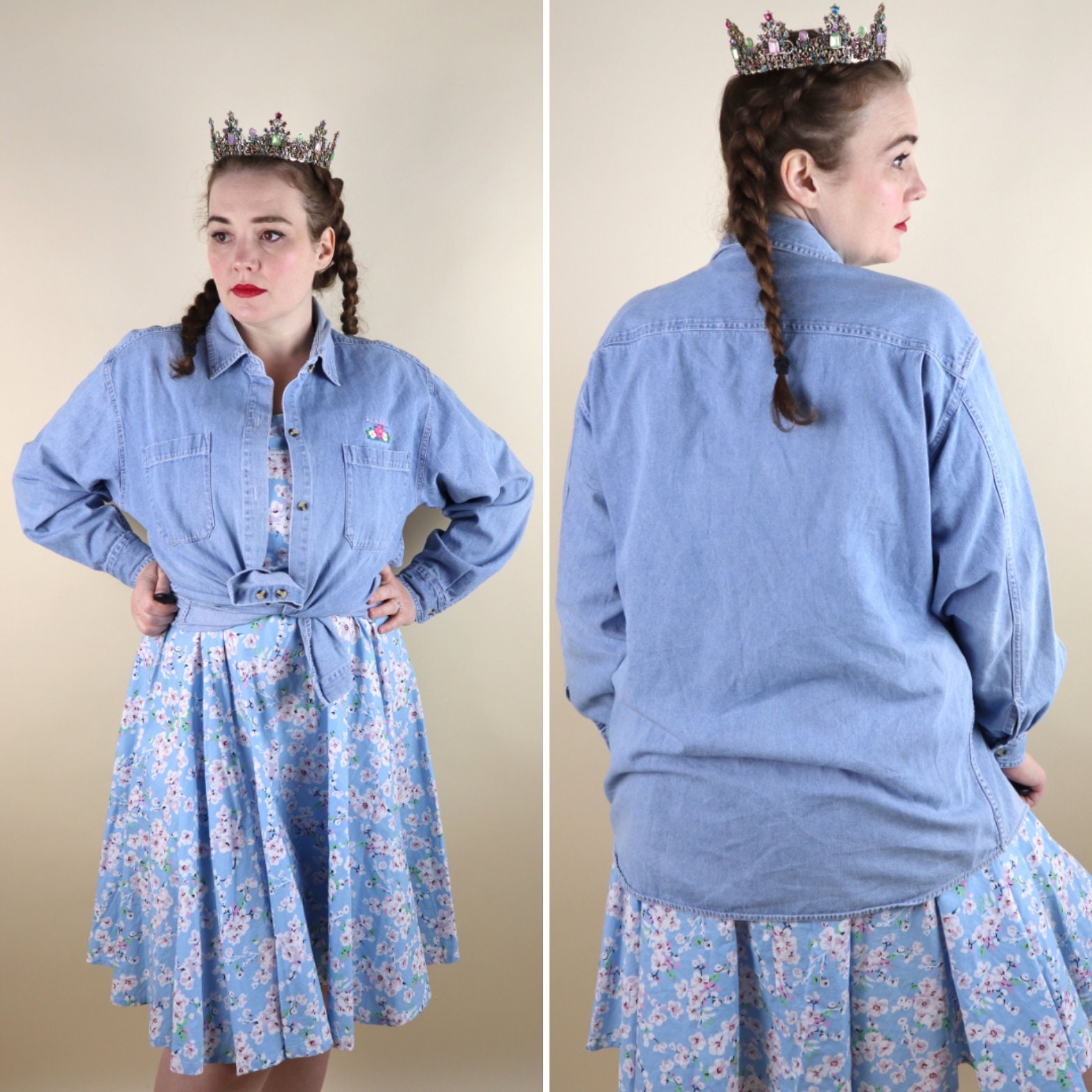 90Er Vintage Denim Langarm Shirt/Alaska Bestickte Bluse Damen Größe Large Bis Xlarge von PonsonbyVintage