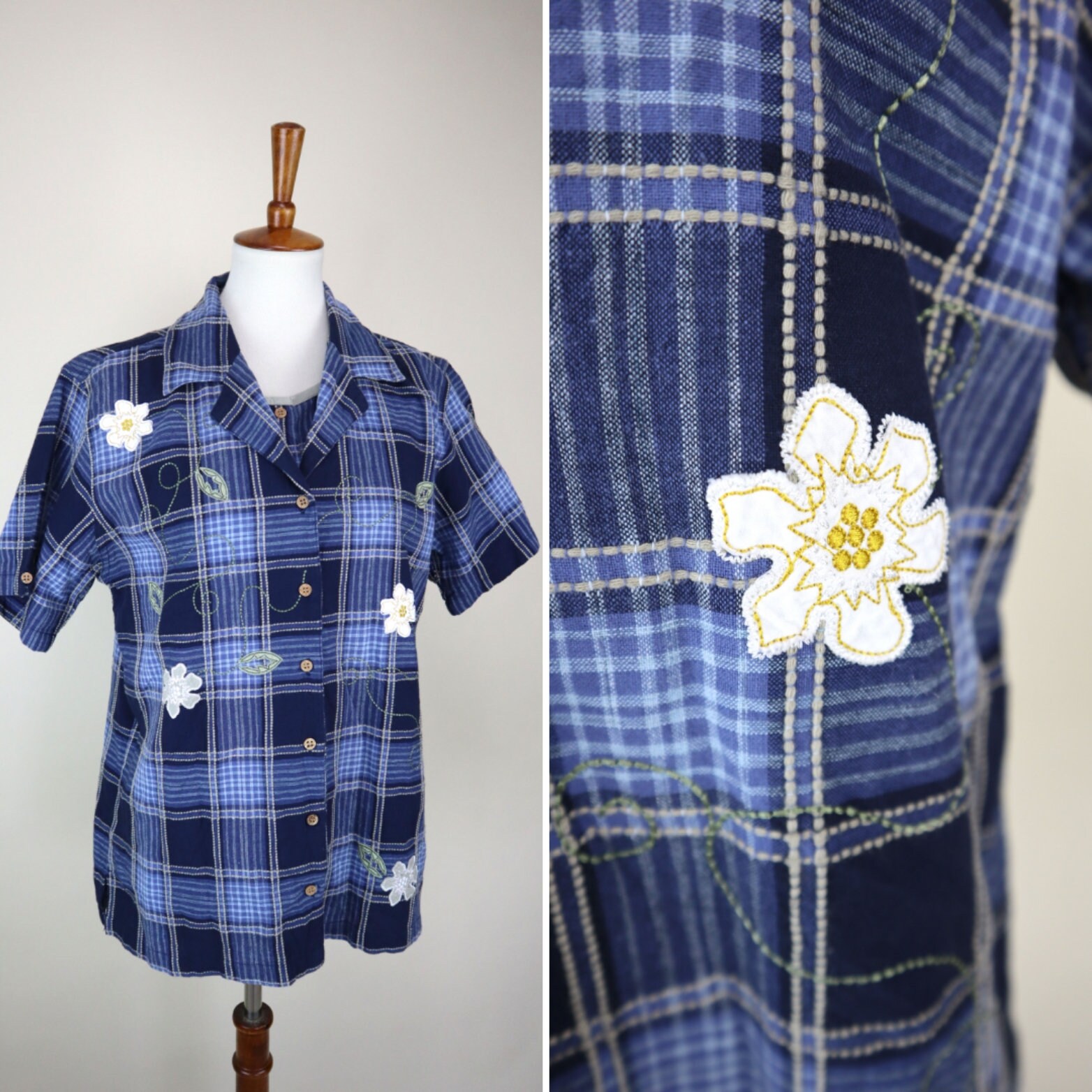 Blau Kariert Und Blumen Freizeithemd/Baumwolle Cottagecore Kurzarm Sommer Bluse Damen Größe L von PonsonbyVintage