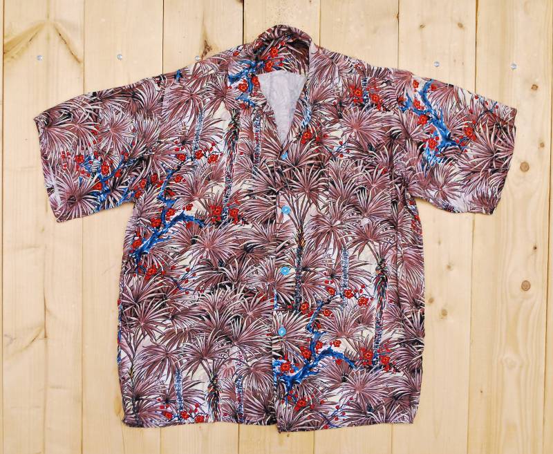 Vintage 1940/50Braun Floral Kurzarm Rayon Hawaiian Shirt/Cowpunk Rockabilly Retro Sammlerstück Selten von PontiacDryGoods