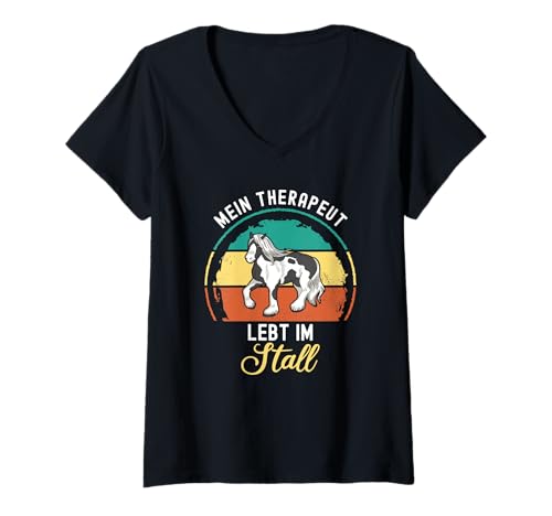Damen Mein Therapeut lebt im Stall Tinker Reiterin T-Shirt mit V-Ausschnitt von Pony Pferd Reiten Reitsport Dressurreiten