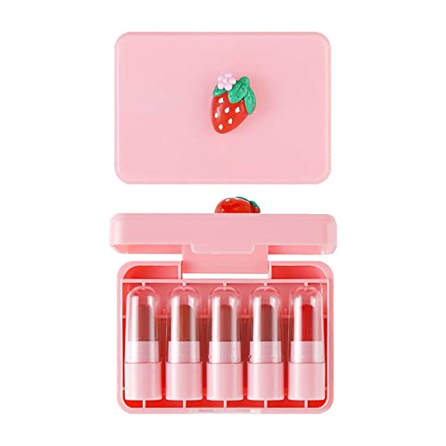 Beauty Frauen-Make-up-Geschenkset, 5-teiliges Erdbeer-Set, flüssiges Lippenstift-Make-up-Set, glattes, helles Lippen-Make-up, langanhaltender Lipgloss, Antihaft-Becher, verblasst (Pink, One Size) von Poo4kark