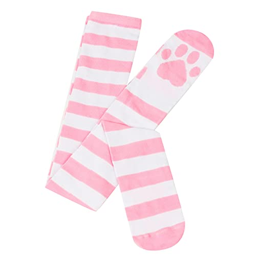 Comfortable Damen-Fußunterseiten-Katzen-Baumwollsocken Stripe High Tube Socks Damen-Oberschenkelsocken über dem Knie (Pink, One Size) von Poo4kark