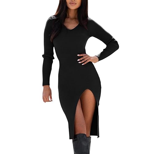 Langärmliges Pulloverkleid für Damen im Herbst mit Rollkragen, schmale Passform, Strick-Midikleid mit Schlitz Winterkleider Damen (Black, M) von Poo4kark